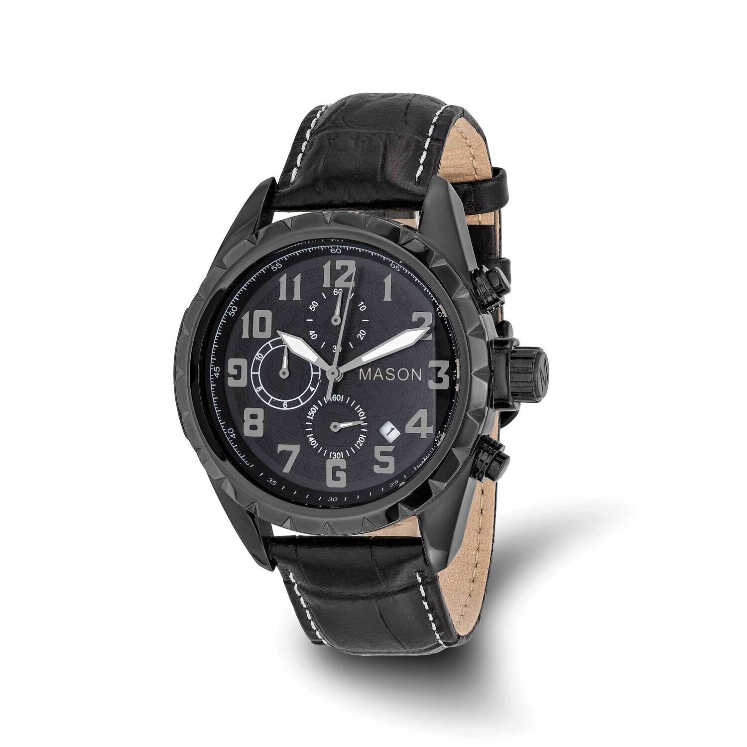 Mason Sales Black Ip-Plated Chronograph Black Leather Watch Stainless Steel XWA6519