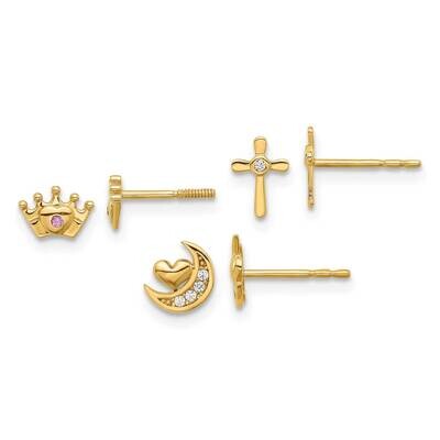 CZ Moon Cross Crown Post Earring Set 14k Polished Gold YE2221, MPN: YE2221,