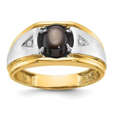 Ibgoodman Men&#39;s Polished Satin Grooved Black Star Sapphire Aa Quality Diamond Ring 14k Two-Tone Gol…