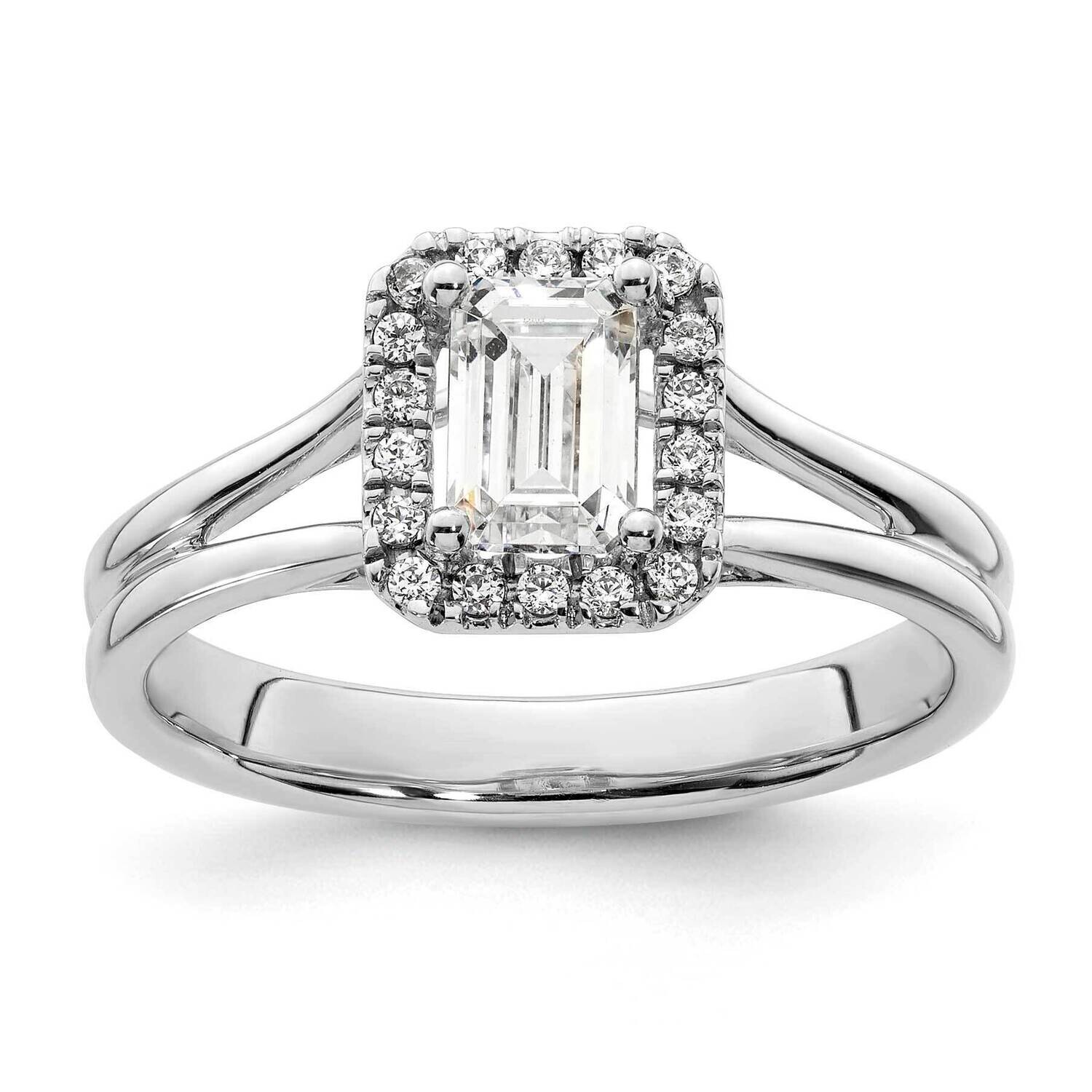 Halo Holds 3/4 Carat 5.7X4.5mm Emerald-Cut Center 1/10 Carat Diamond Semi-Mount Split Shank Engagement Ring 14k White Gold RM2053E-075-WAA