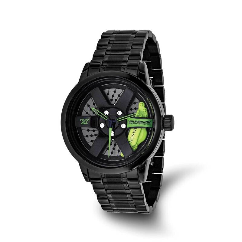 Mason Sales Black Ip-Plated Green Race Car Rim Watch Stainless Steel XWA6555