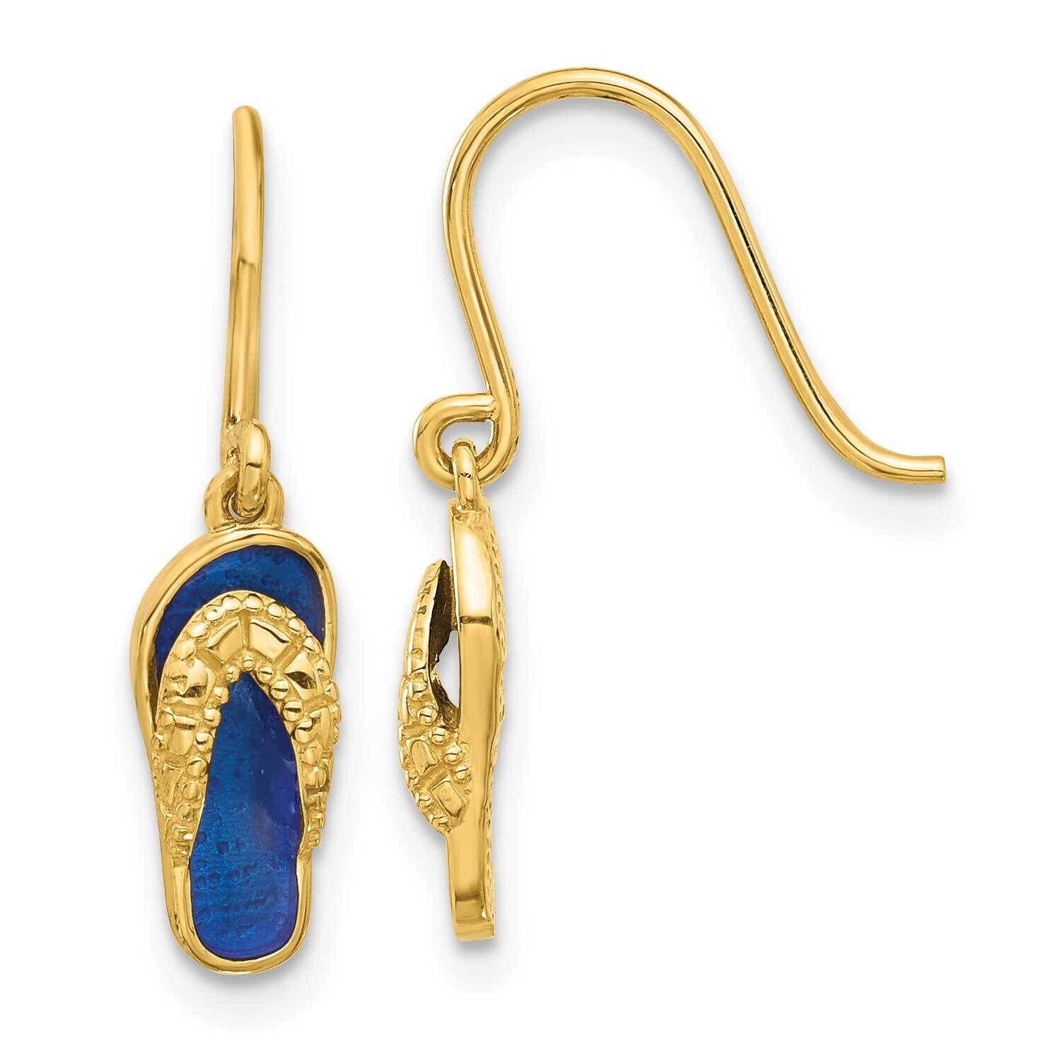 Blue Enameled Flip Flop Shepherd Hook Dangle Earrings 14k Polished Gold YE2219