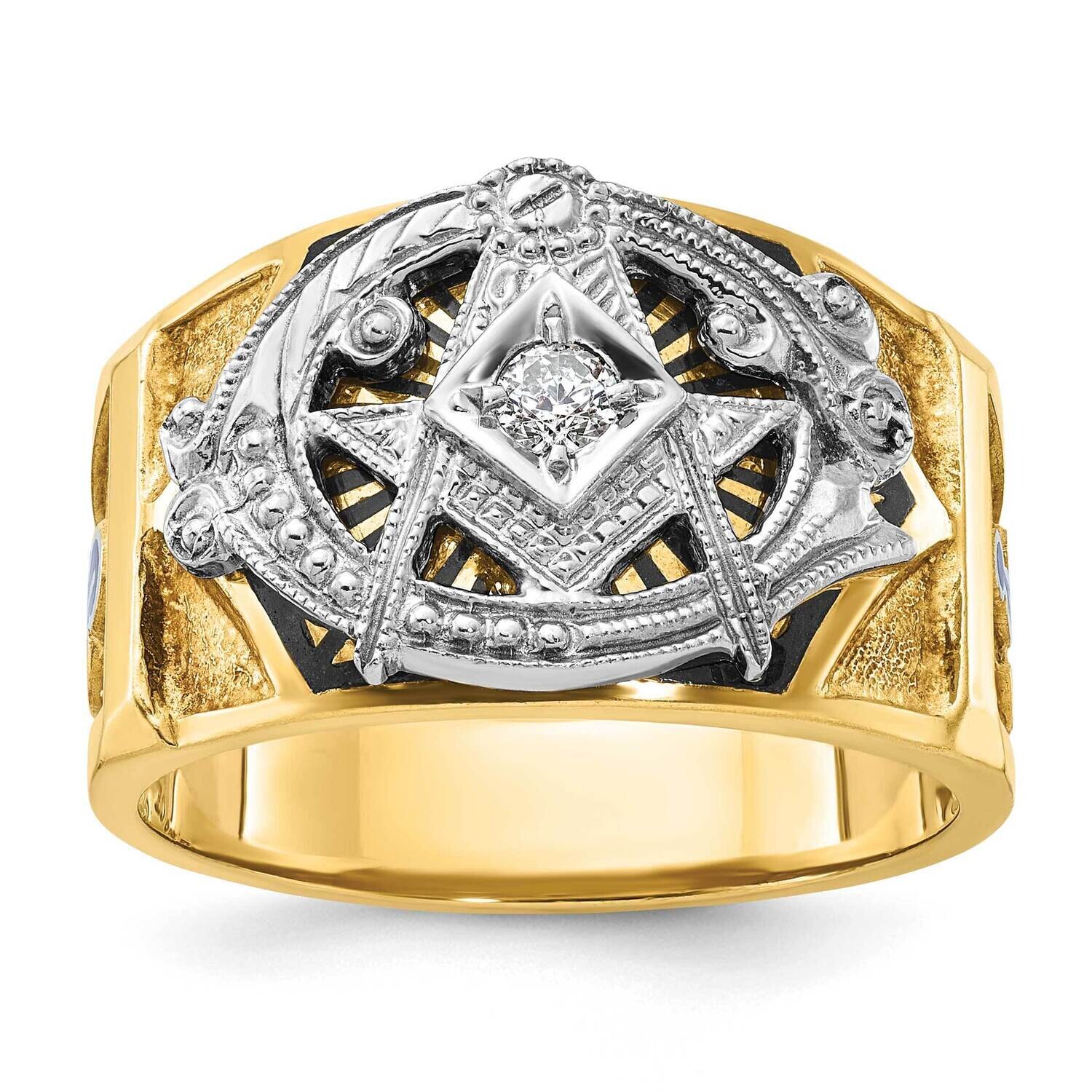 Ibgoodman Men&#39;s Polished Textured Blue Black Enamel Diamond Blue Lodge Master Masonic Ring 14k Two-…