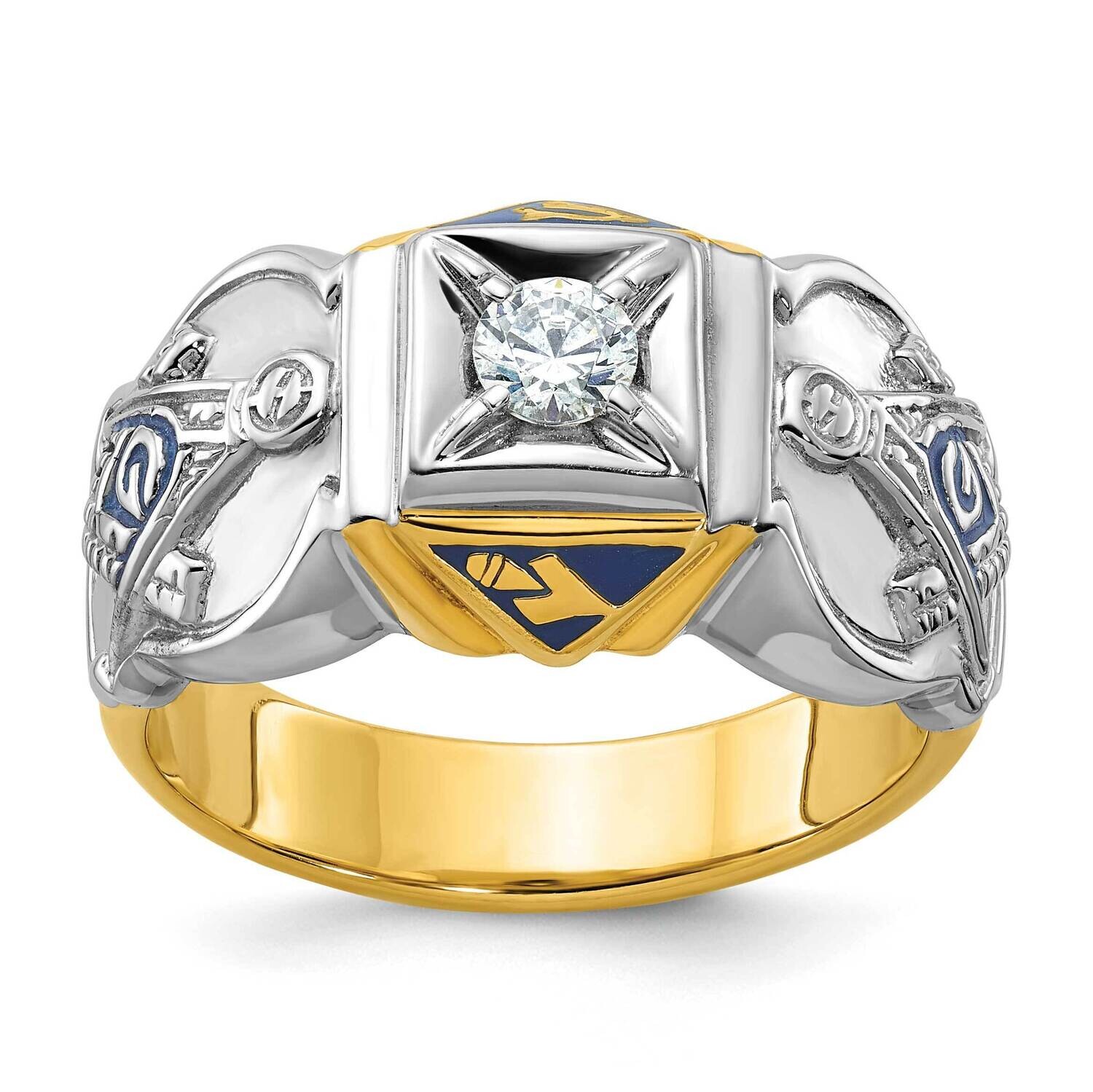 Ibgoodman Men&#39;s Polished Textured Blue Enamel Diamond Blue Lodge Master Masonic Ring 14k Two-Tone G…