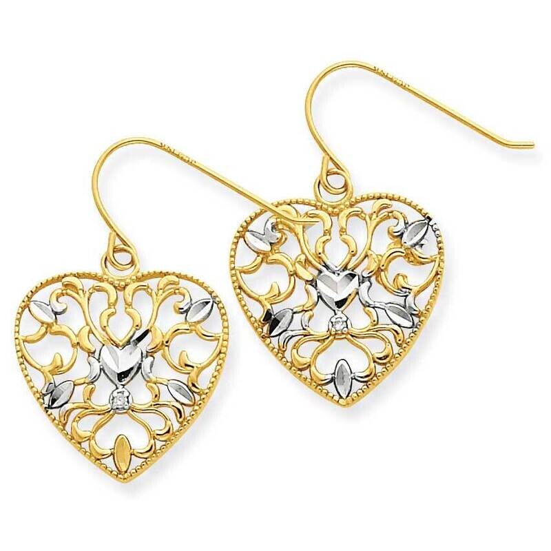 &amp; Rhodium .01Ct Diamond Filigree Heart Wire Earrings 14k Gold YE1519, MPN: YE1519, 637218140800