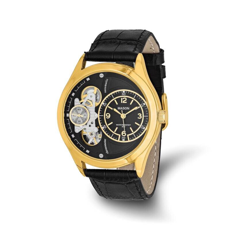 Mason Sales Gold-Plated Skeleton Movement Black Leather Ban Stainless Steel XWA6505