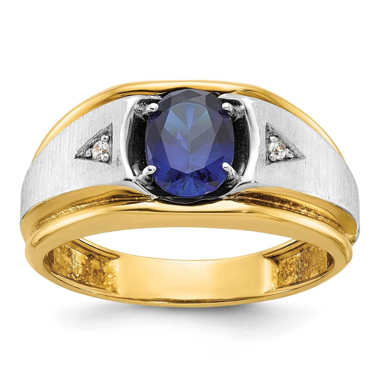 Ibgoodman Men&#39;s Polished Satin Grooved Lab Created Sapphire Aa Quality Diamond Ring 14k Two-Tone Go…