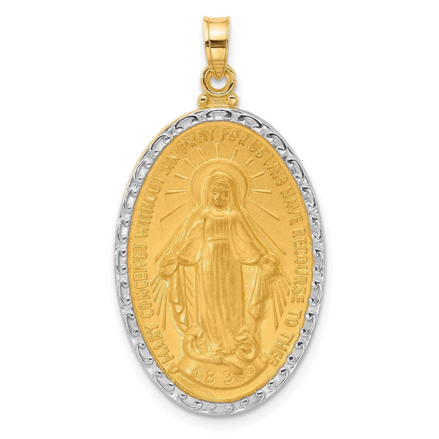 Satin Polished Miraculous Medal Solid Oval Pendant 14k Gold With Rhodium XR2120