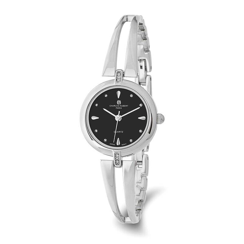 Ladies Charles Hubert Chrome-Finish Brass Black Dial Watch XWA6585