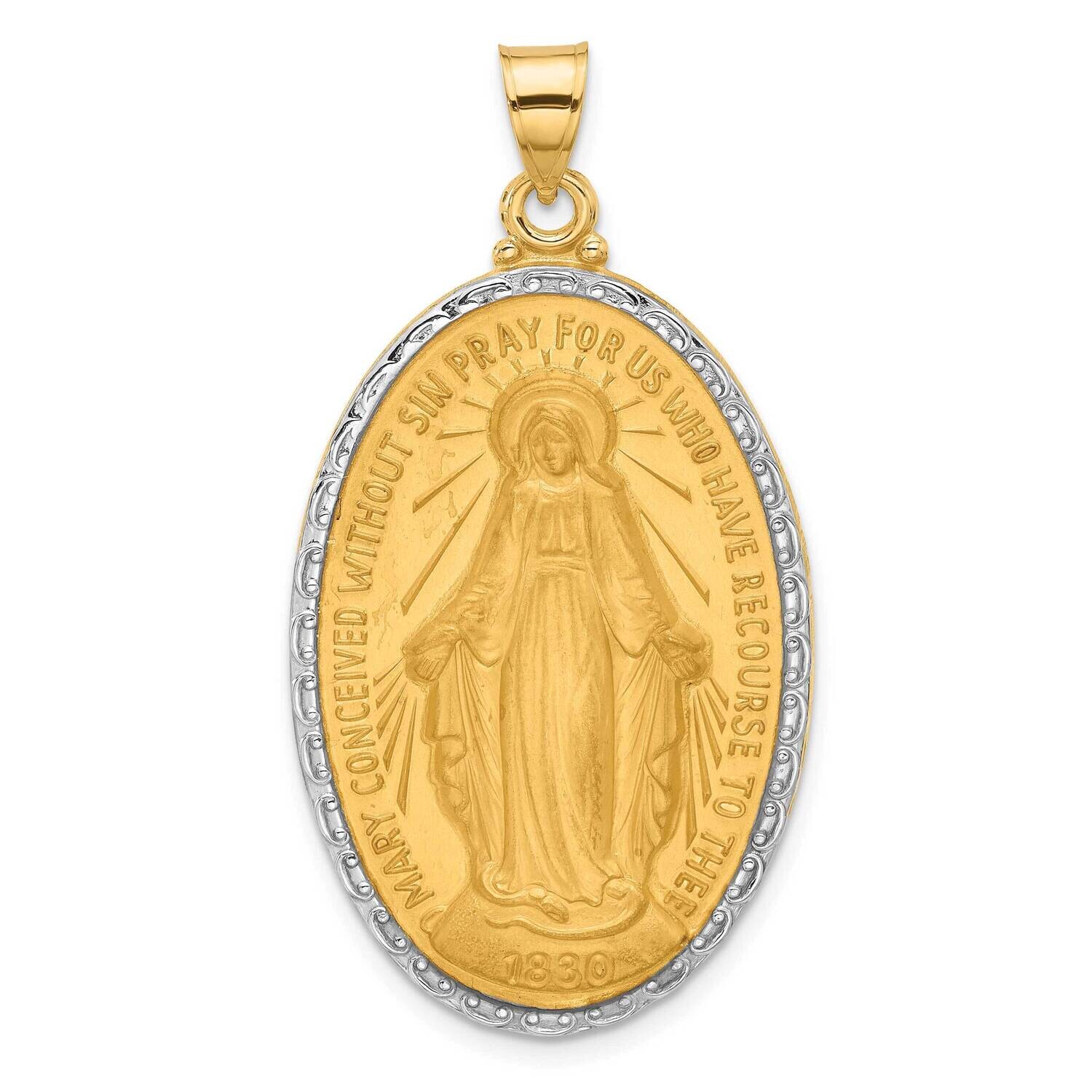 Satin Polished Miraculous Medal Solid Oval Pendant 14k Gold With Rhodium XR2124