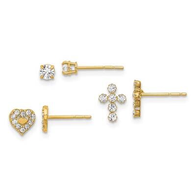 CZ Cross Heart Stud Post Earring Set 14k Polished Gold YE2227SET, MPN: YE2227SET,