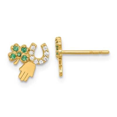 Green Clear CZ Clover Horseshoe Hamsa Post Earrings 14k Gold YE2204, MPN: YE2204,