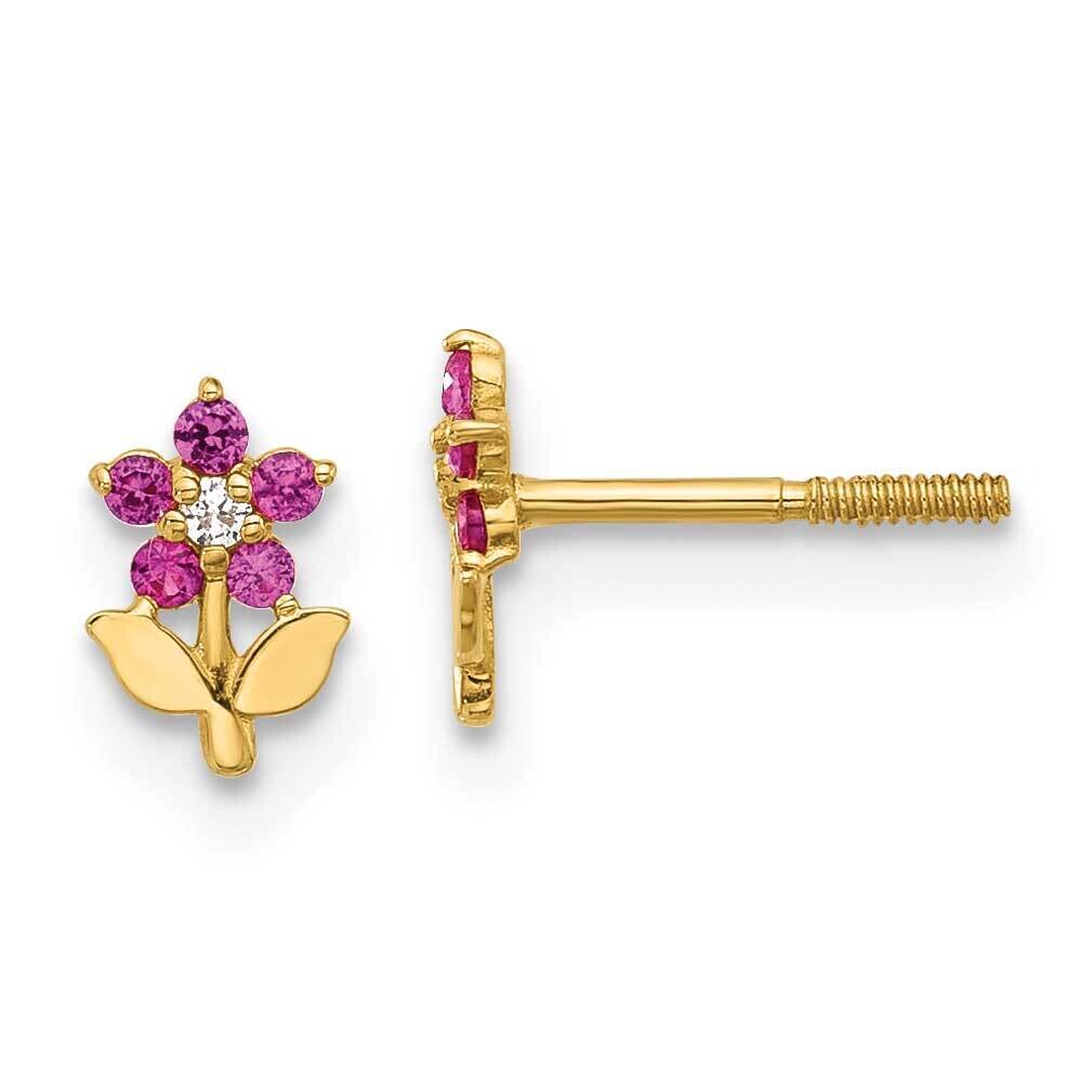 Dark Pink &amp; White CZ Flower Screwback Post Earrings 14k Polished Gold YE2207, MPN: YE2207,