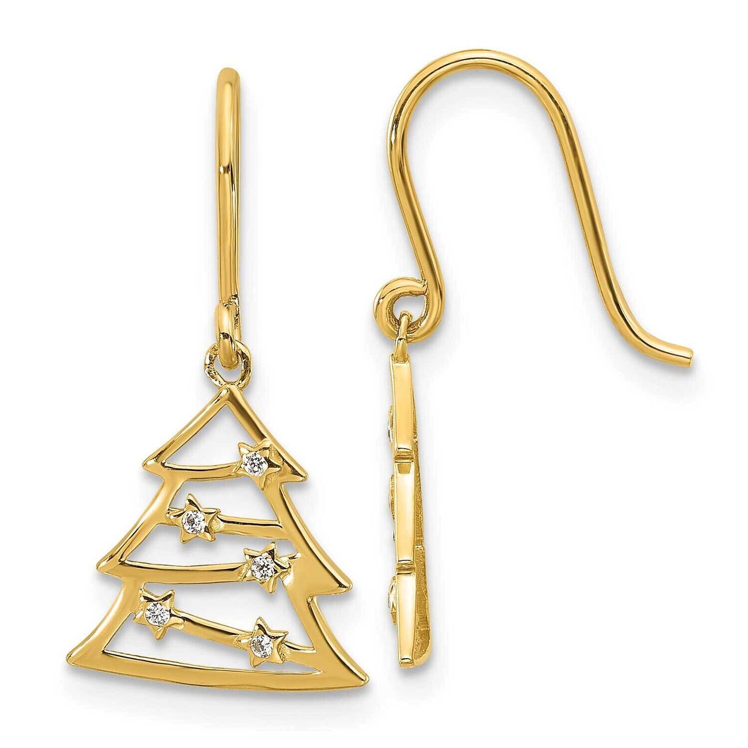CZ Christmas Tree Shepherd Hook Dangle Earrings 14k Polished Gold YE2200