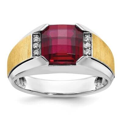 Ibgoodman Men&#39;s Polished Satin Lab Created Garnet Aa Quality Diamond Ring 14k Two-Tone Gold B57957-…