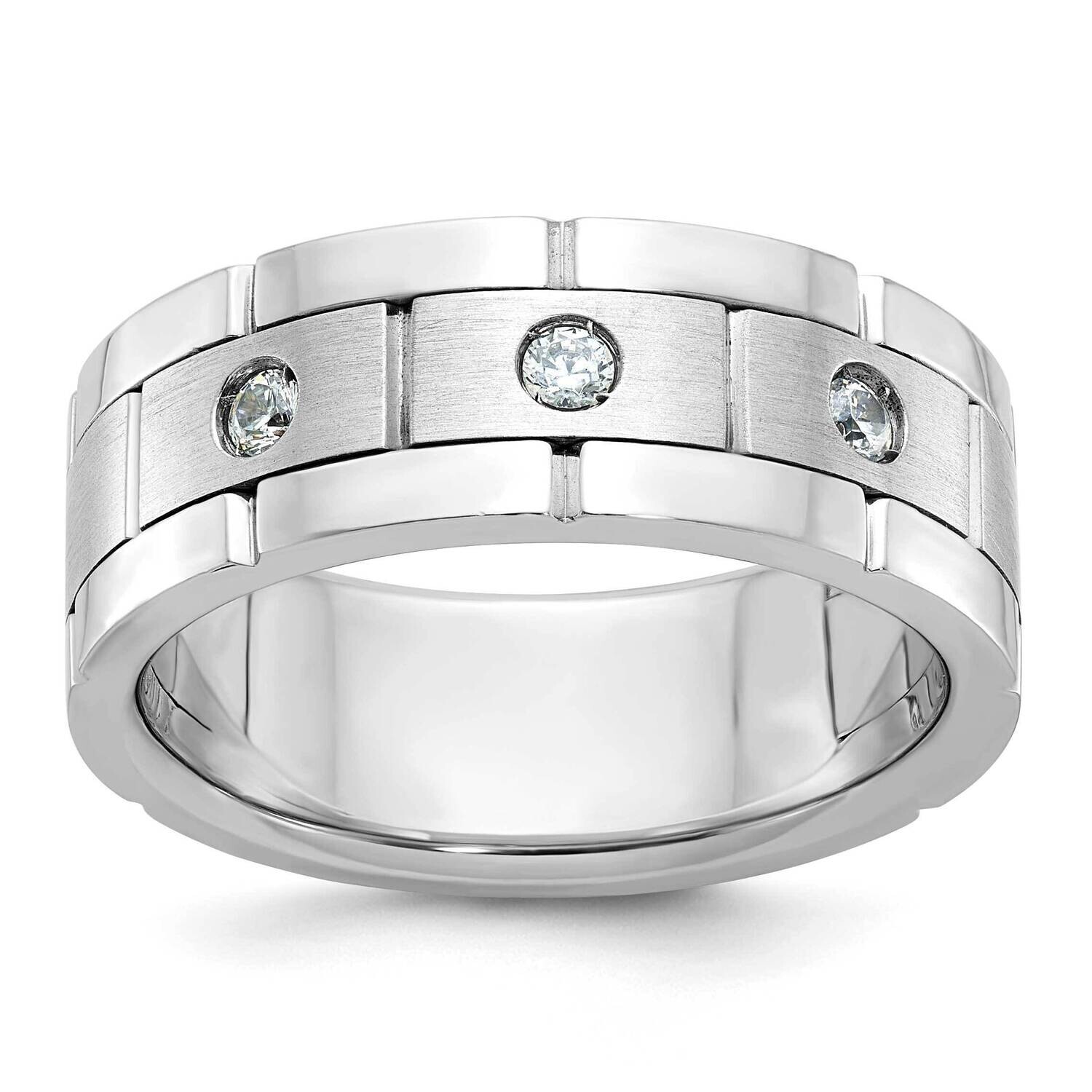 Ibgoodman Men&#39;s Polished Satin Grooved 3-Stone 1/6 Carat Aa Quality Diamond Ring 14k White Gold B63…