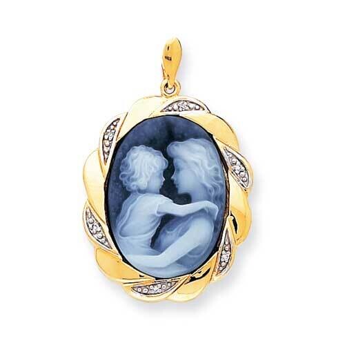 .06Ct Diamond 19X25mm Mother&Child Agate Cameo Sentiment Pendant 14k Gold XU435-D