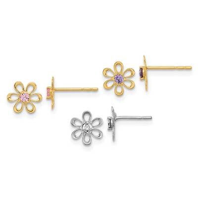 Yellow White Gold Multi-Color CZ Flower Post Earring Set 14k Gold YE2211SET, MPN: YE2211SET,