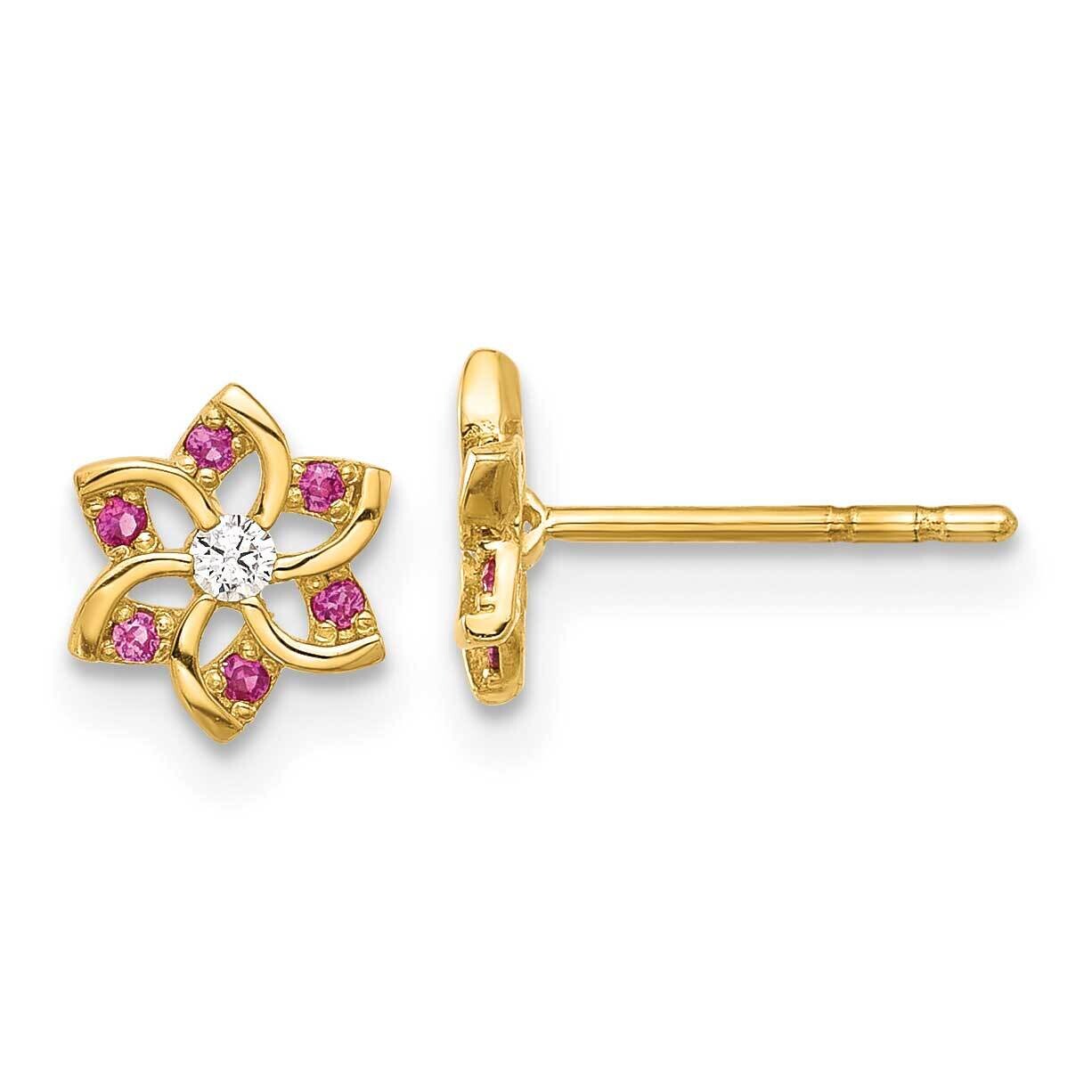 Red White CZ Flower Post Earrings 14k Polished Gold YE2208, MPN: YE2208,