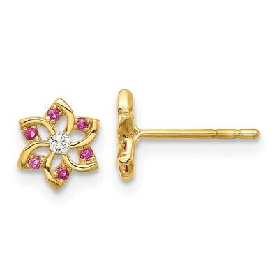 Red White CZ Flower Post Earrings 14k Polished Gold YE2208, MPN: YE2208,