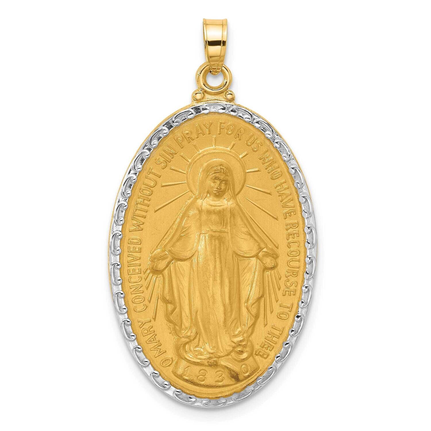 Satin Polished Miraculous Medal Solid Oval Pendant 14k Gold With Rhodium XR2122