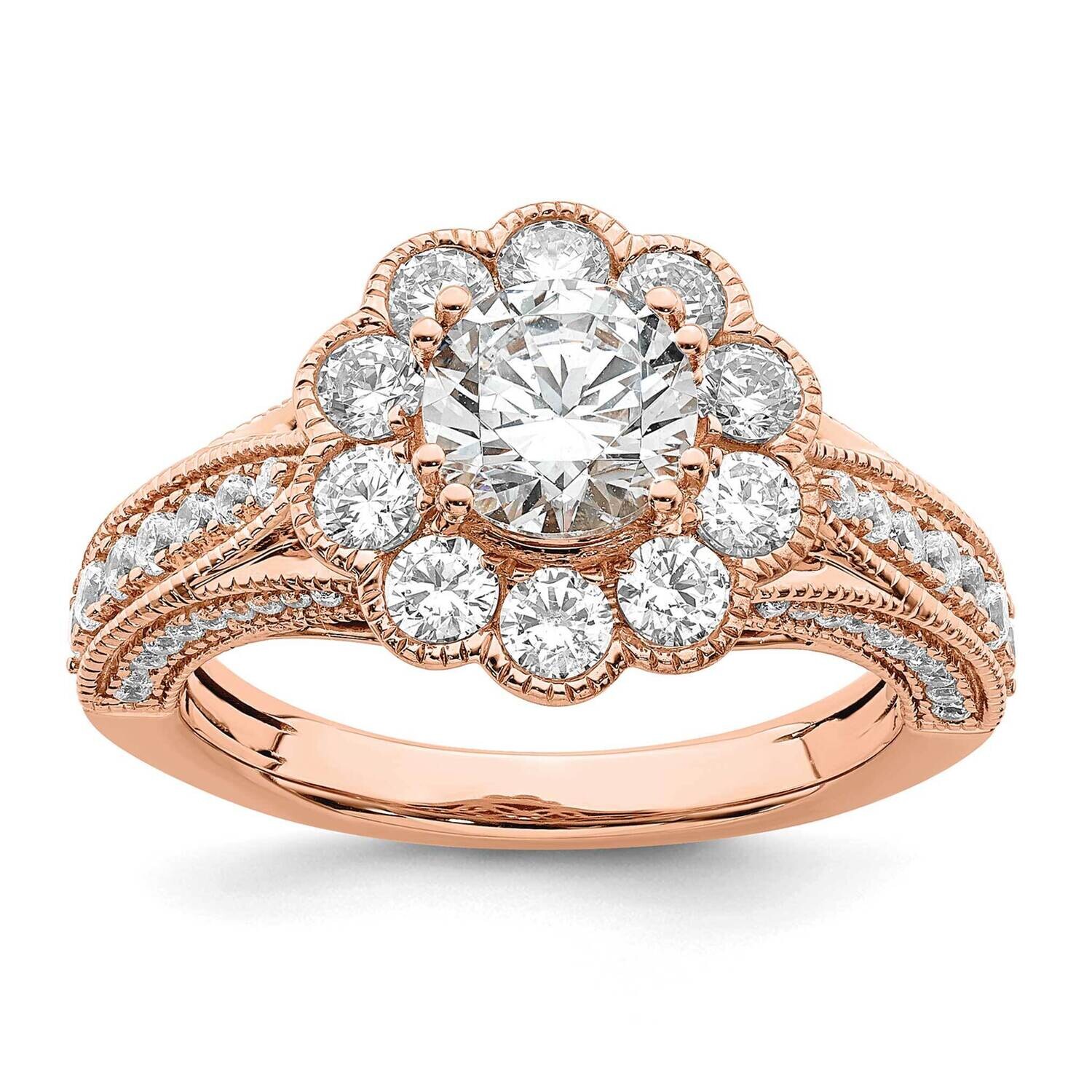 Vintage Halo Holds 1 Carat 6.5mm Round Center 1.25 Carat Diamond Semi-Mount Engagement Ring 14k Ros…