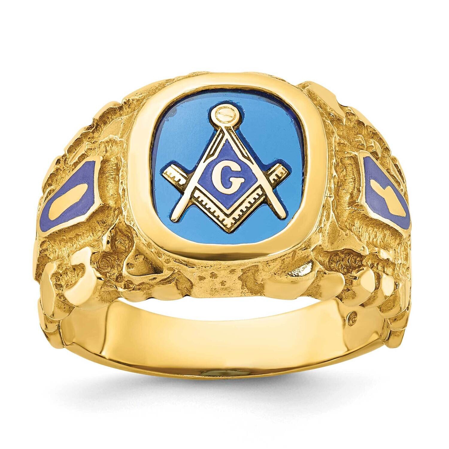 Ibgoodman Men's Polished Nugget Textured Blue Enamel Lab Created Sapphire Blue Lodge Master Masonic Ring 10k Gold B57619-0YCS