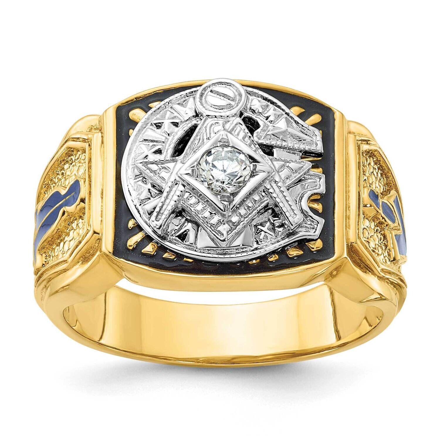 Ibgoodman Men&#39;s Polished Textured Blue Black Enamel Diamond Blue Lodge Master Masonic Ring 10k Two-…