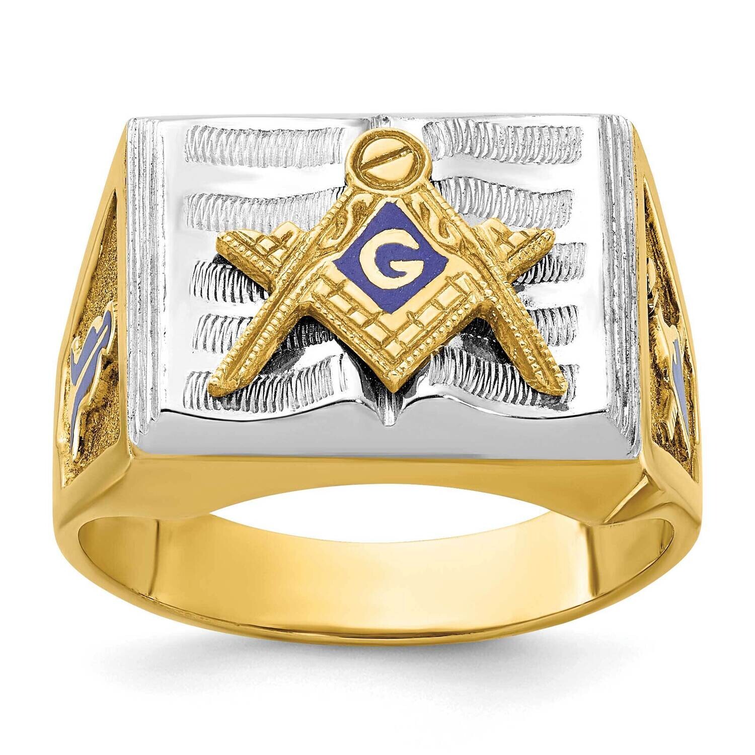 Ibgoodman Men&#39;s Polished Textured Blue Enamel Blue Lodge Master Masonic Ring 10k Two-Tone Gold B020…