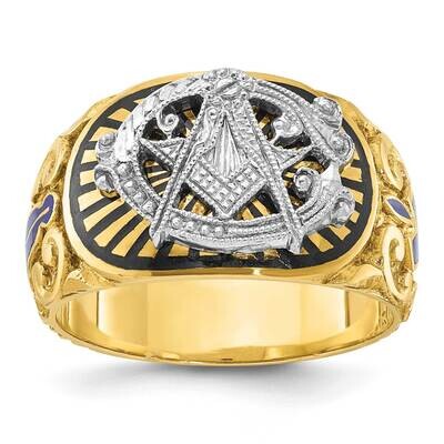 Ibgoodman Men&#39;s Polished Textured Multi-Color Enamel Blue Lodge Master Masonic Ring 10k Two-Tone Go…