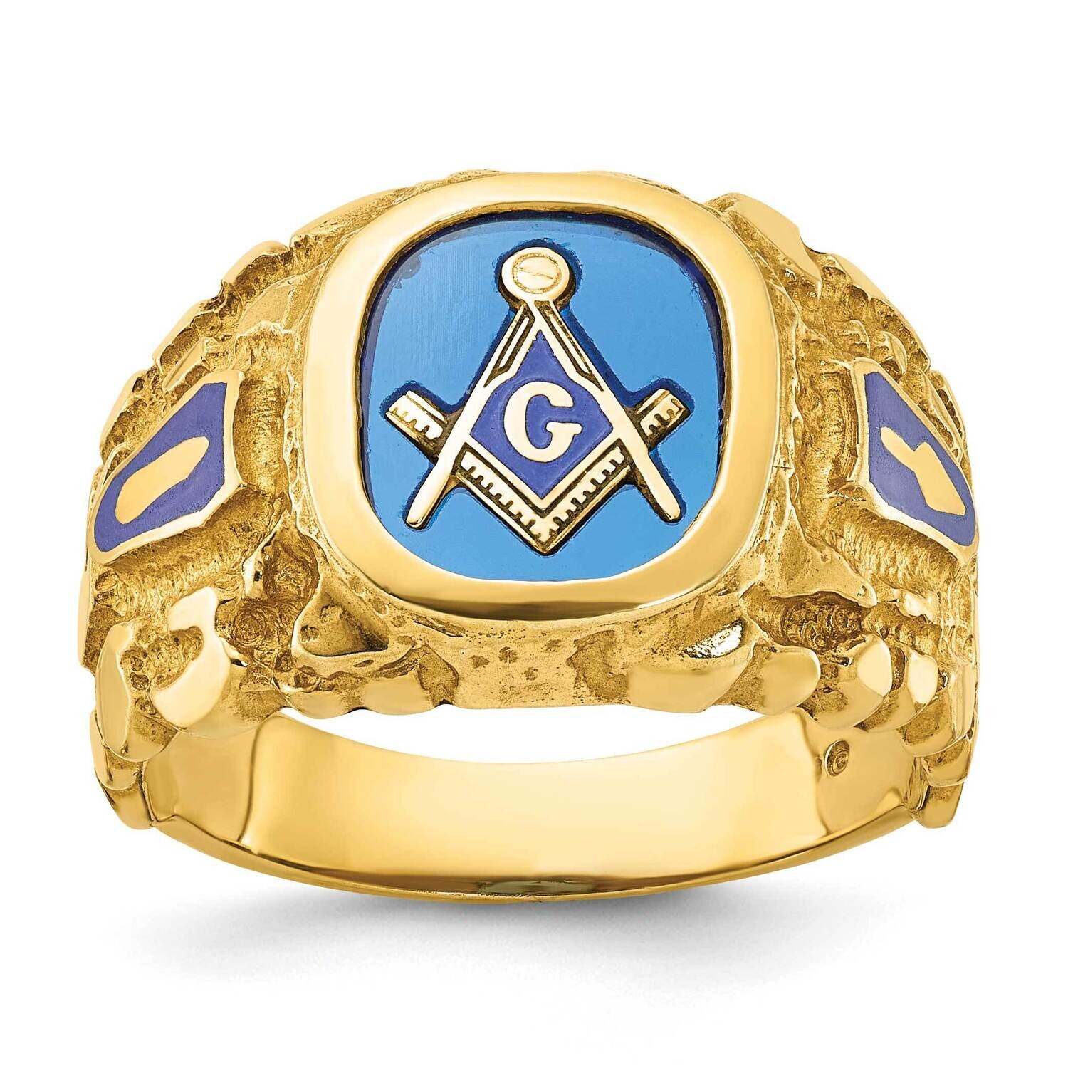 Ibgoodman Men&#39;s Polished Nugget Textured Blue Enamel Lab Created Sapphire Blue Lodge Master Masonic…