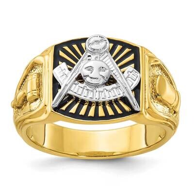 Ibgoodman Men&#39;s Polished Textured Black Enamel Past Master Masonic Ring 10k Two-Tone Gold B57632-0Y…