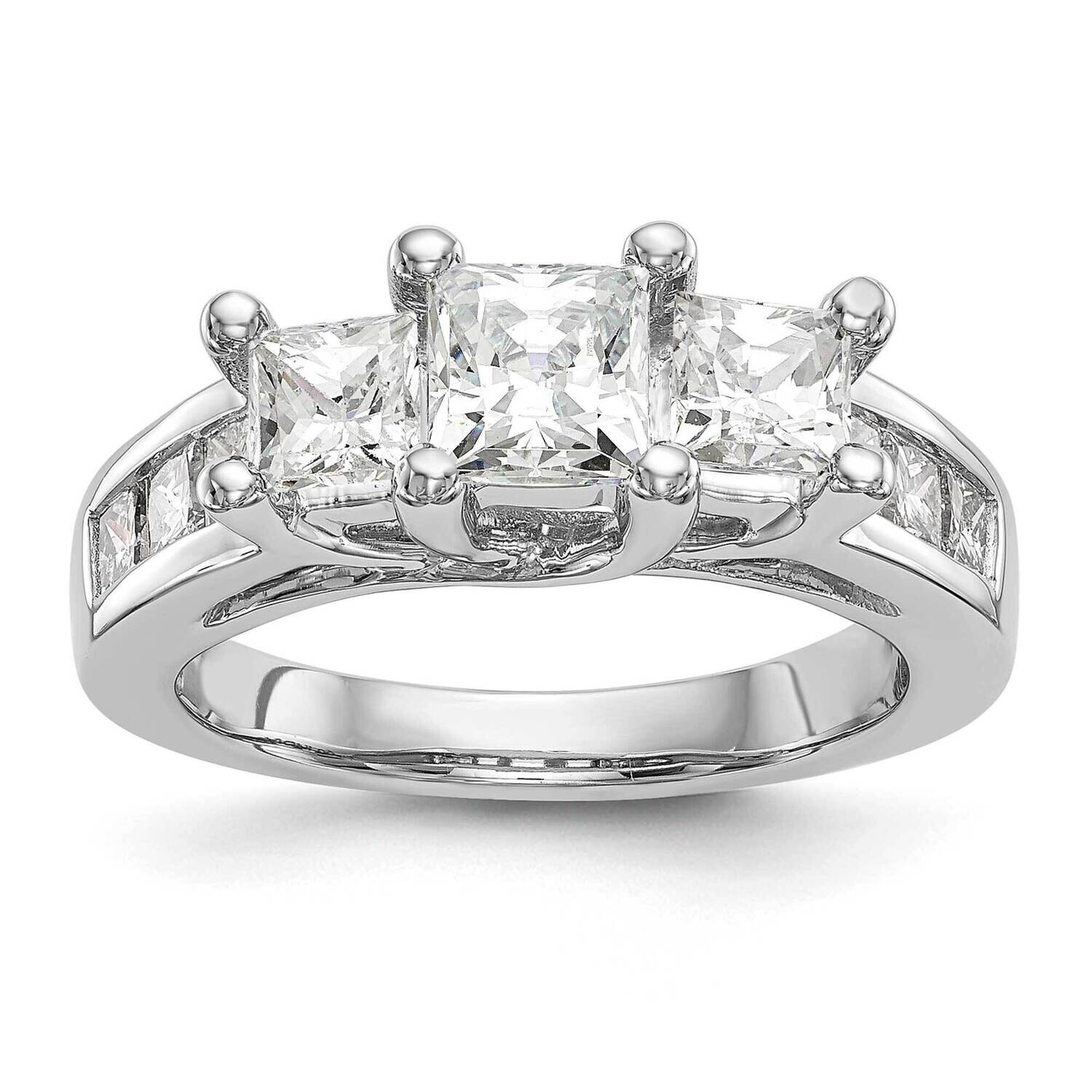 3-Stone Plus Holds 1 Carat 5.5mm Princess Center 2-4.5mm Princess Sides Diamond Semi-Mount Engagement Ring 14k White Gold RM2999E-100-WAA