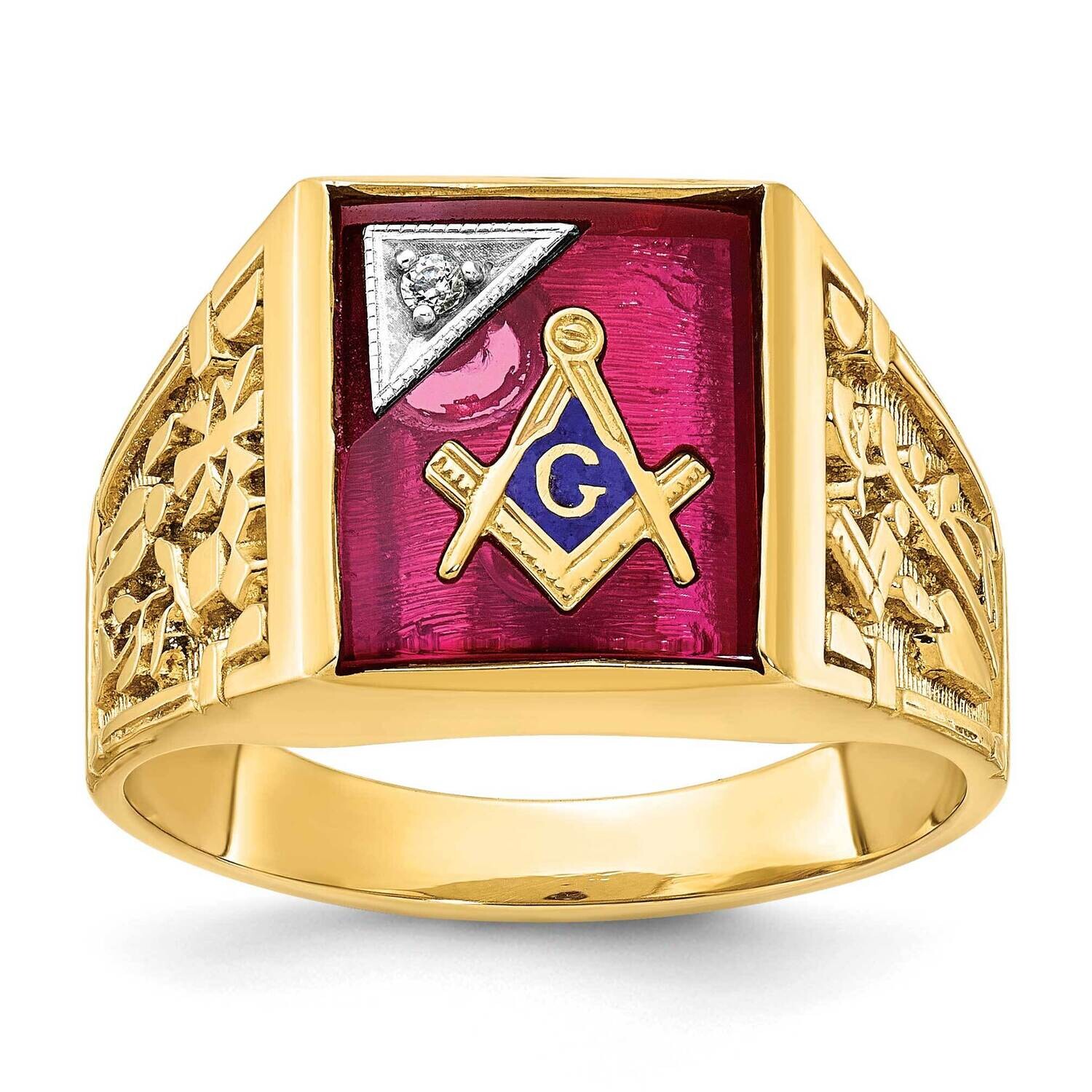 Ibgoodman Men&#39;s Polished Textured Lab Created Ruby Diamond Blue Lodge Master Masonic Ring 10k Two-T…