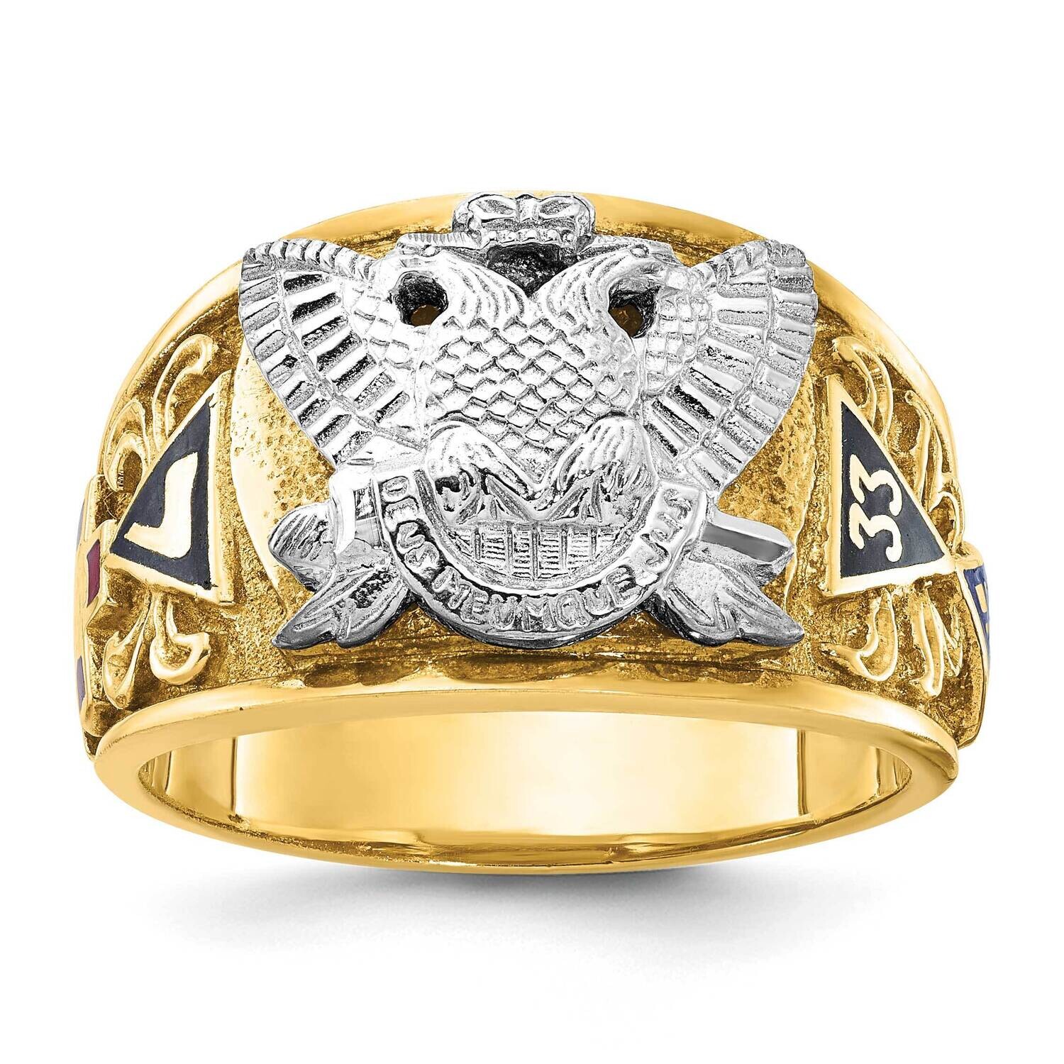 Ibgoodman Men&#39;s Polished Textured Multi-Color Enamel Active 33Rd Degree Masonic Ring 10k Two-Tone G…