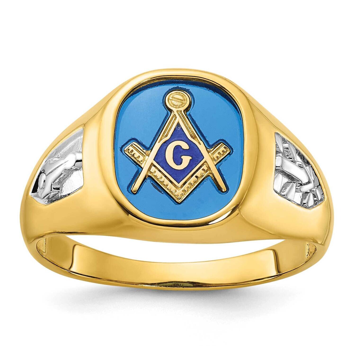 Ibgoodman Men's Polished Textured Lab Created Sapphire Blue Lodge Master Masonic Ring 14k Gold White Rhodium B57688-4YCS