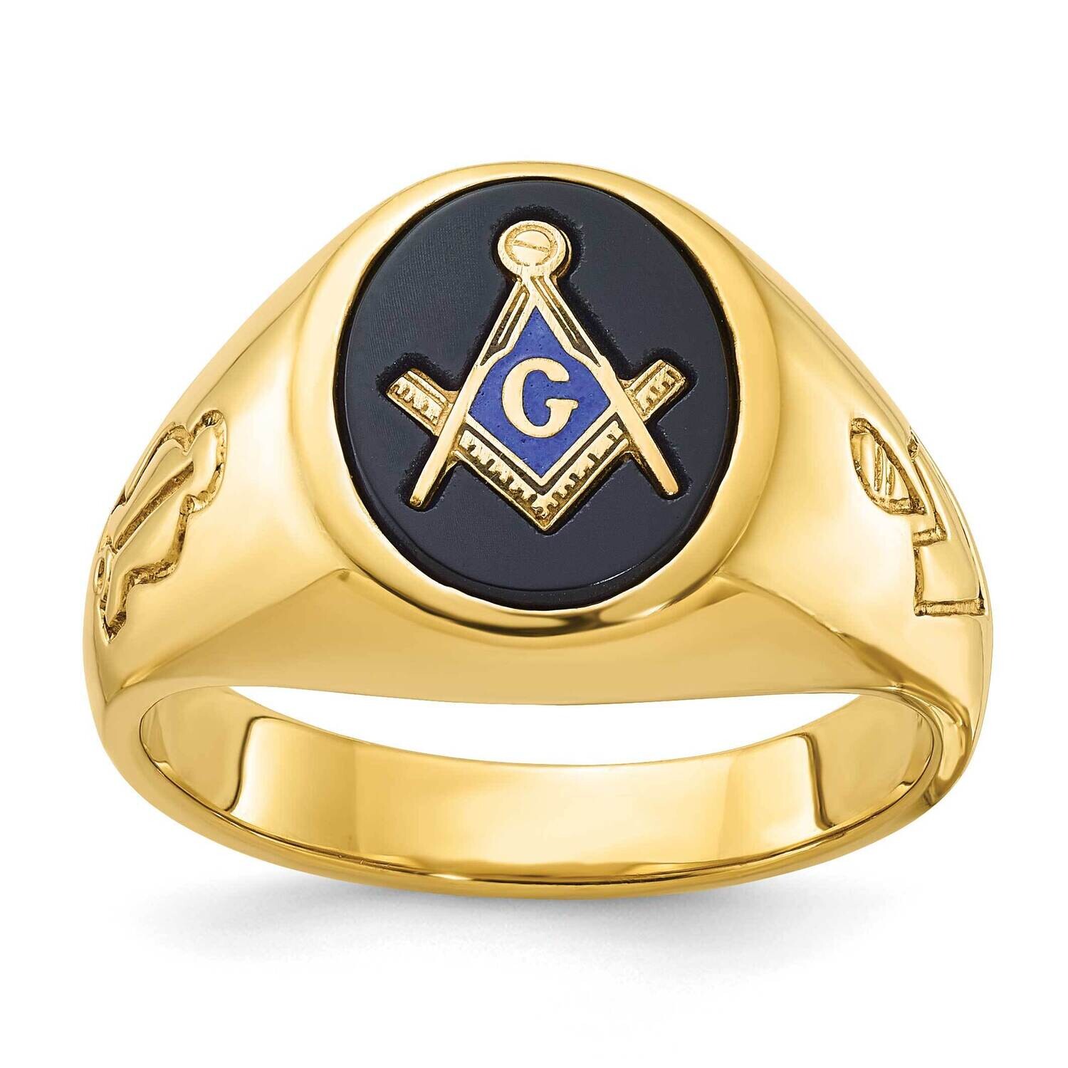 Ibgoodman Men&#39;s Polished Grooved Oval Onyx Blue Lodge Master Masonic Ring 10k Gold B02048-0YOX