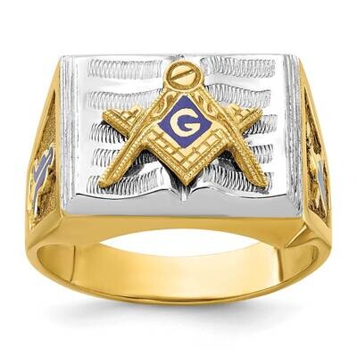 Ibgoodman Men&#39;s Polished Textured Blue Enamel Blue Lodge Master Masonic Ring 14k Two-Tone Gold B020…