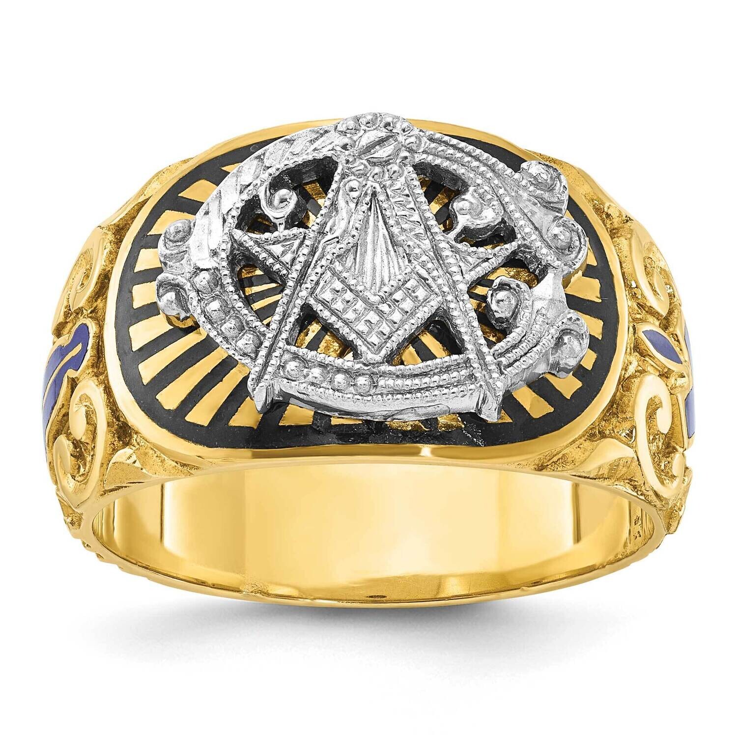 Ibgoodman Men&#39;s Polished Textured Multi-Color Enamel Blue Lodge Master Masonic Ring 14k Two-Tone Go…