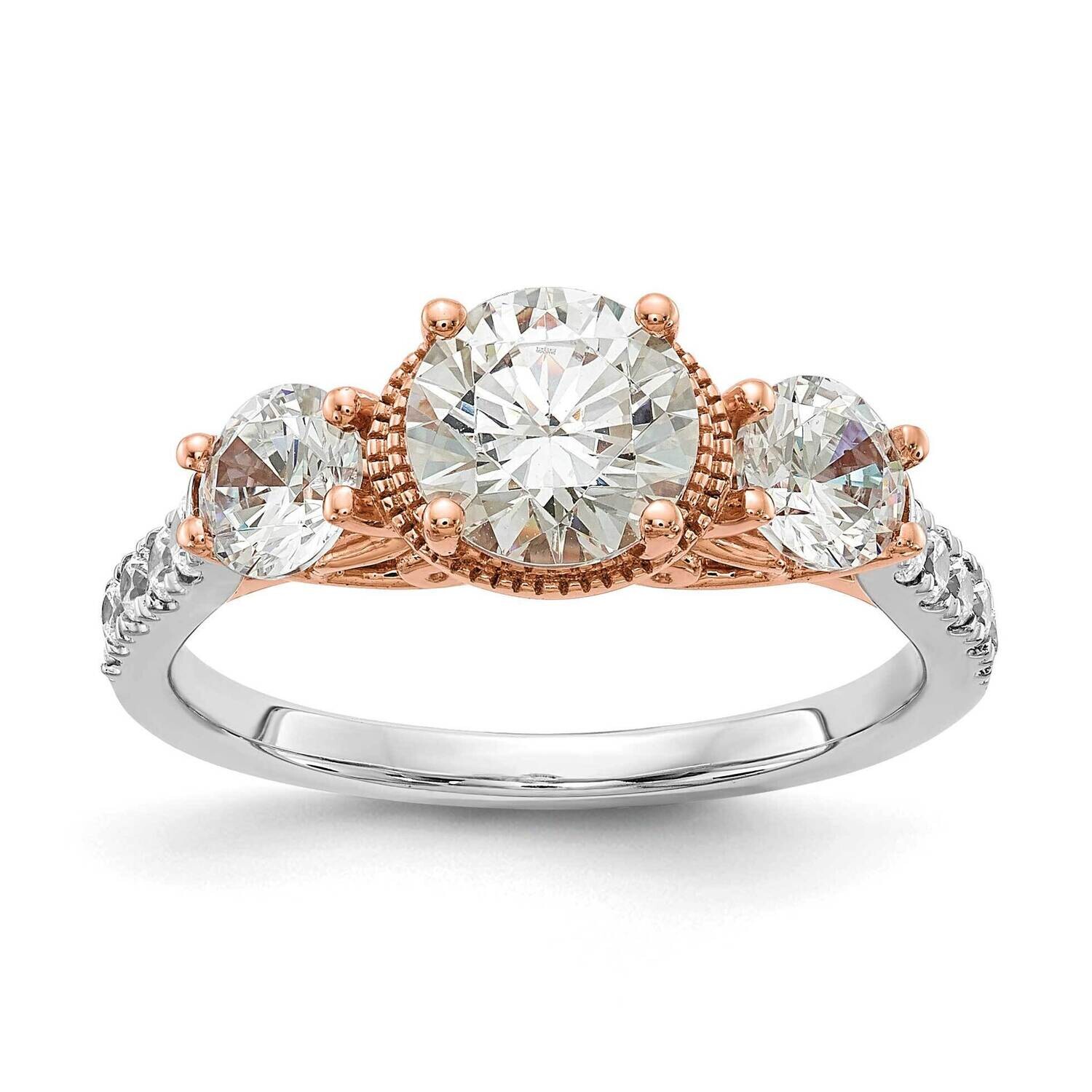 Rose Gold 3-Stone Holds 1 Carat 6.5mm Round Center 2-4.6mm Round Sides Diamond Semi-Mount Engagement Ring 14k White Gold RM6298E-100-WRAA