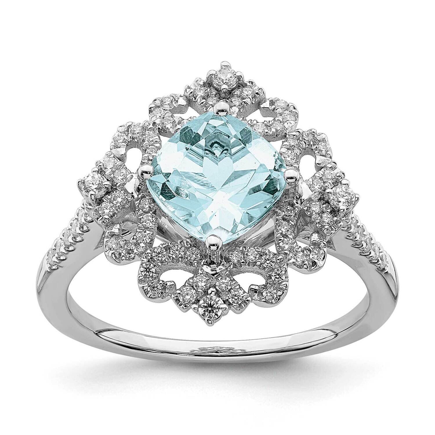 Blooming Bridal Vintage 7.00mm Cushion-Cut Aquamarine 1/3 Carat Diamond Complete Engagement Ring 14…