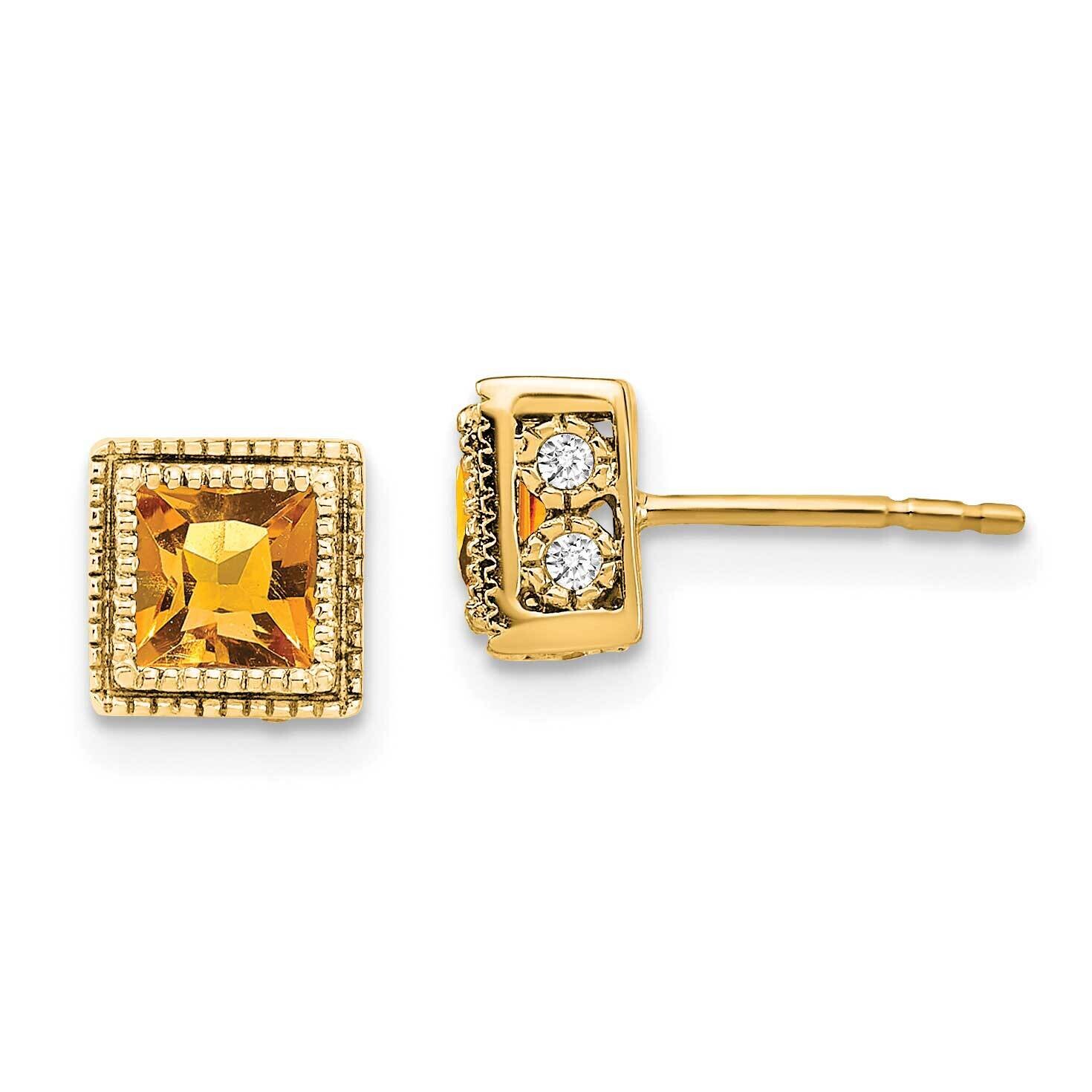 Square Citrine Diamond Earrings 14k Gold EM7096-CI-016-YA, MPN: EM7096-CI-016-YA, 191101840920