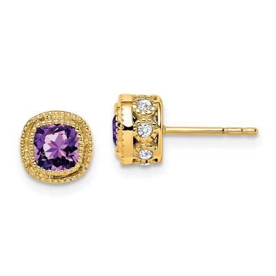 Cushion Amethyst Diamond Earrings 10k Gold EM7092-AM-019-1YA, MPN: EM7092-AM-019-1YA, 191101834318