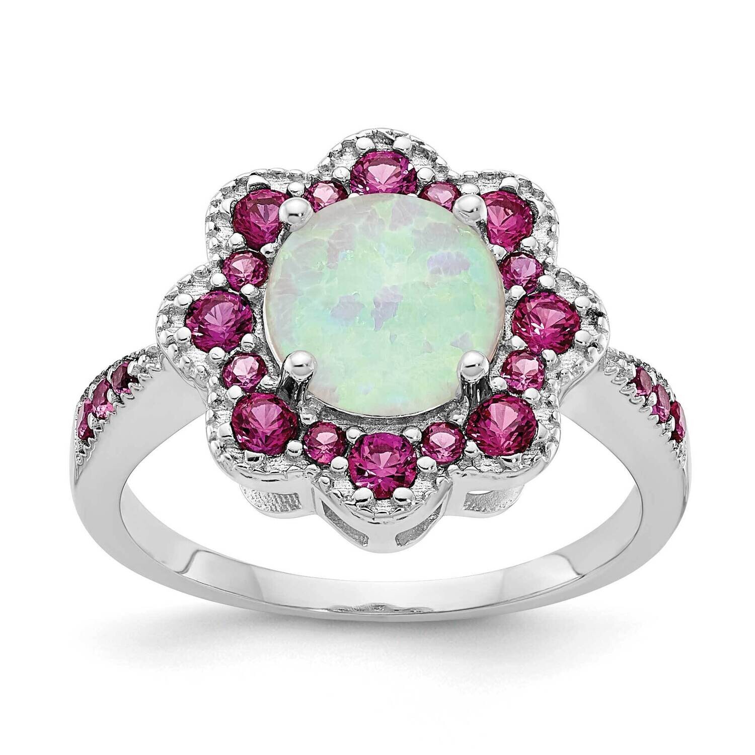 Cheryl M Cabochon Lab Created Opal Brilliant-Cut Red Nano Crystal Flower Ring Sterling Silver Rhodi…