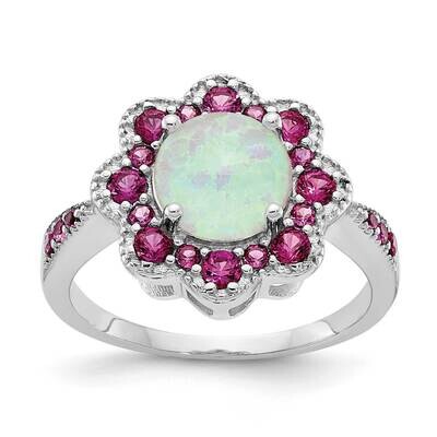 Cheryl M Cabochon Lab Created Opal Brilliant-Cut Red Nano Crystal Flower Ring Sterling Silver Rhodi…