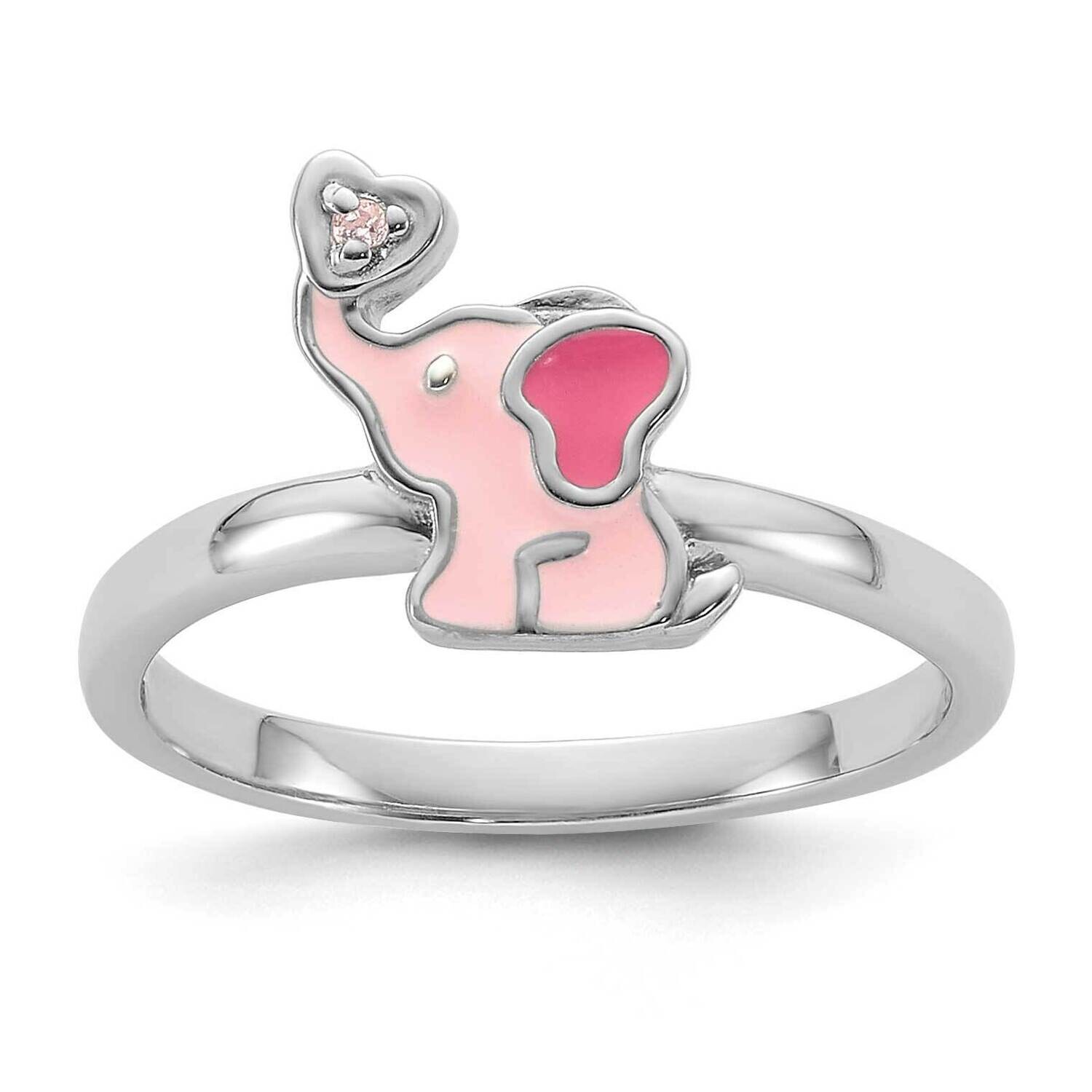 Pink Enamel & CZ Elephant Children's Ring Sterling Silver Rhodium-Plated QR7432