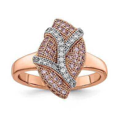 Rose-Tone Pink &amp; Clear CZ Leaf Ring Sterling Silver Rhodium-Plated QMP1515, MPN: QMP1515,