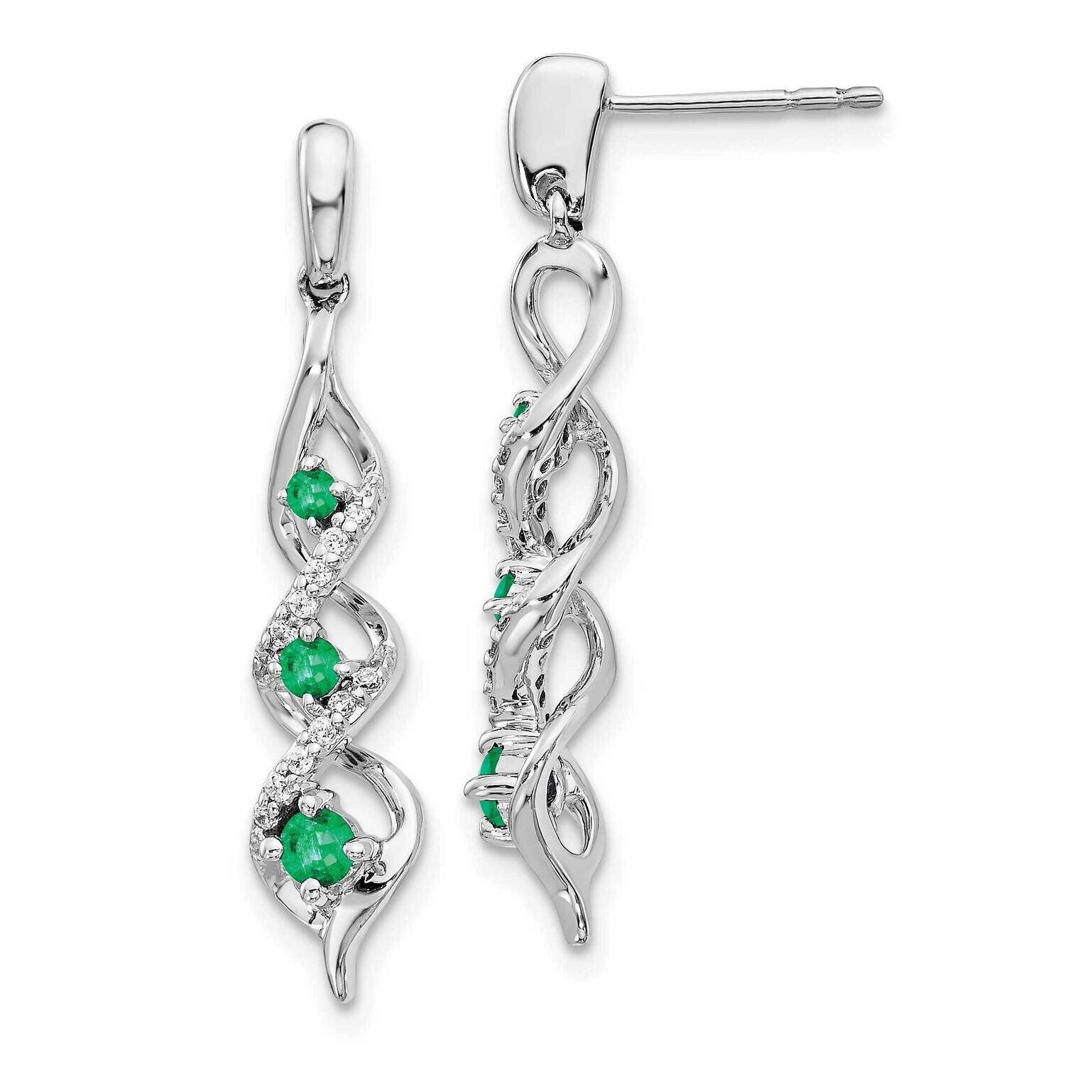 Diamond Emerald 3 Stone Post Dangle Earrings 10k White Gold EM5599-EM-013-1WA, MPN: EM5599-EM-013-1…