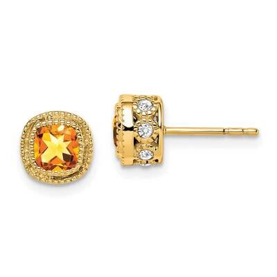 Cushion Citrine Diamond Earrings 14k Gold EM7092-CI-019-YA, MPN: EM7092-CI-019-YA, 191101840340