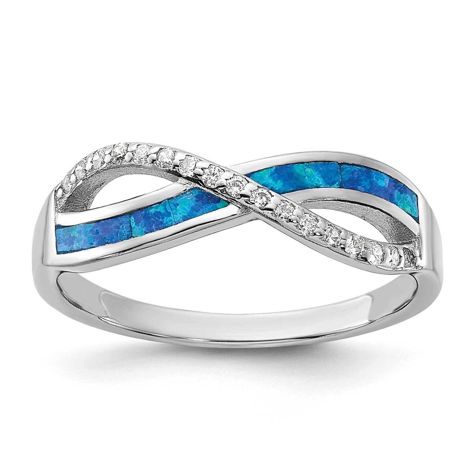 Rh-Plated CZ Blue Cr. Opal Inlay Infinity Symbol Ring Sterling Silver QR7468